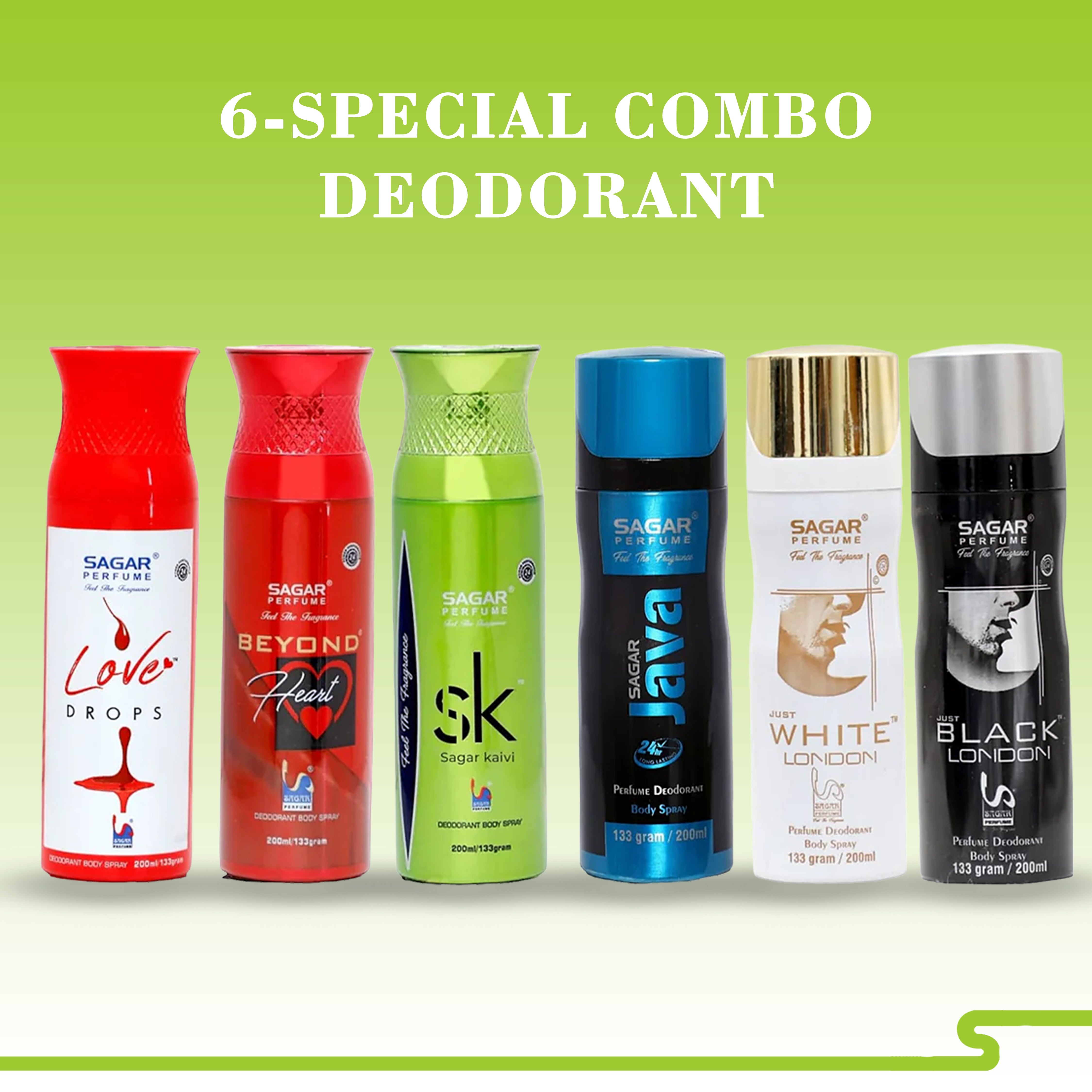 DEO 6 PCS COMBO LOVE DROPS & BEYOND HEART & SK GREEN & JAVA & WHITE LONDON & BLACK LONDON