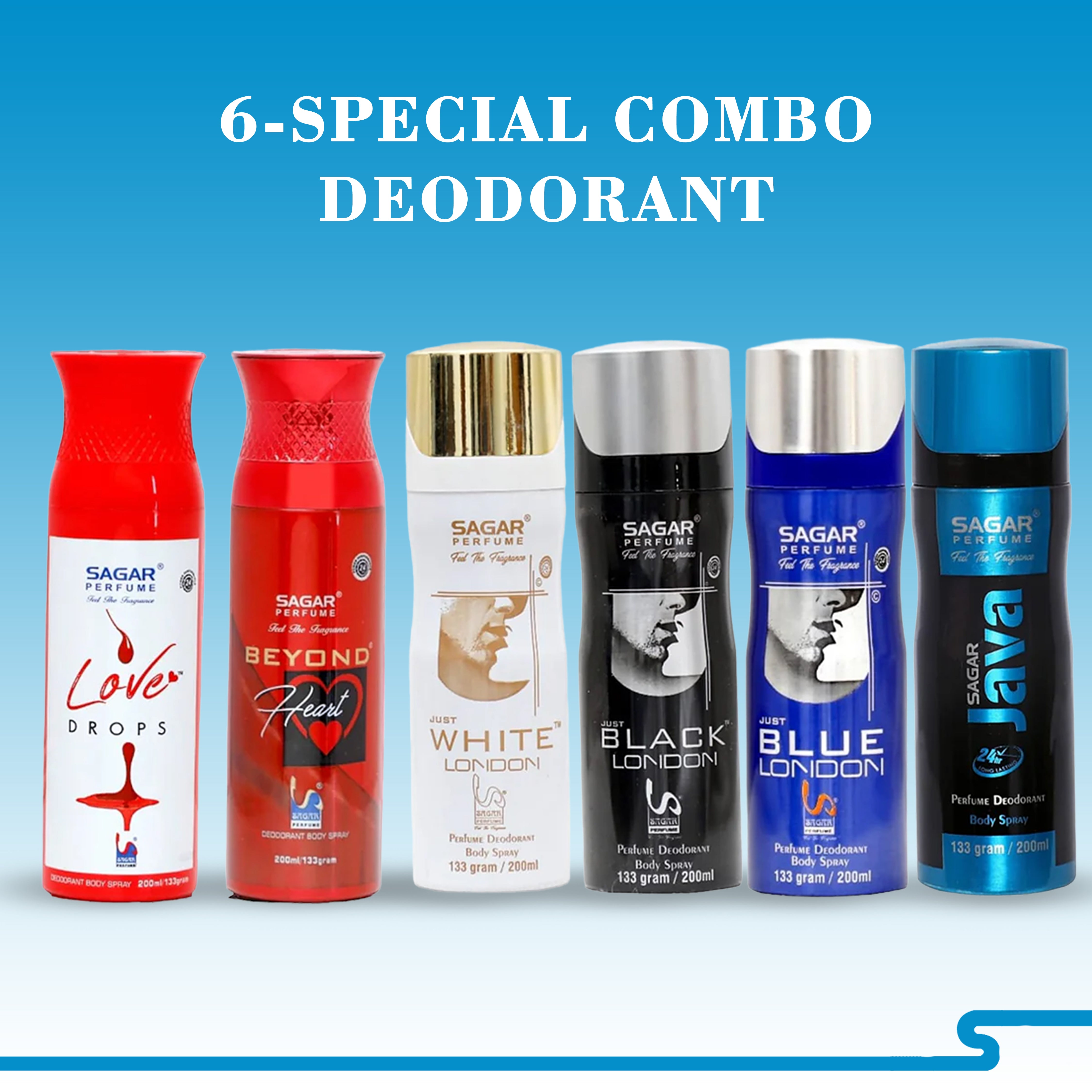 DEO 6 PCS COMBO WHITE LONDON & BLACK LONDON & BLUE LONDON  & JAVA & LOVE DROPS & BEYOND HEART